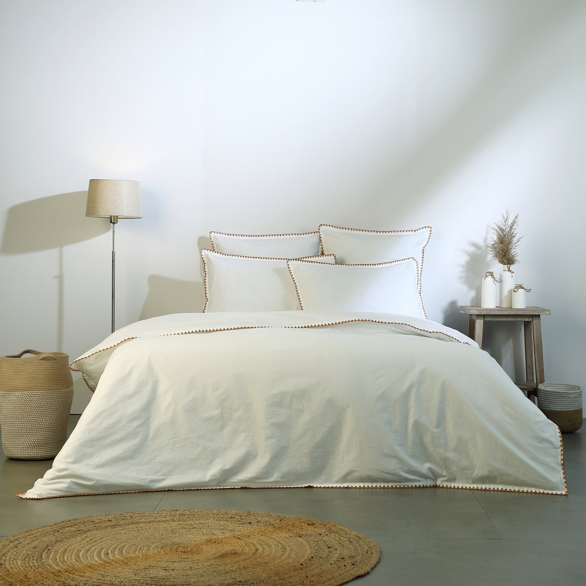 Pillowcase (x2) in cotton percale white / caramel ZOÉ