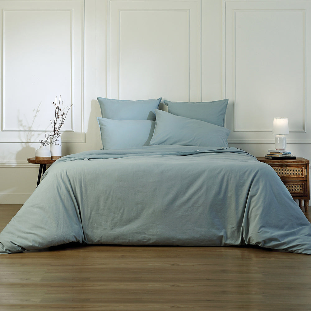 Drap housse coton lavé bleu ciel LUNA febronie.com