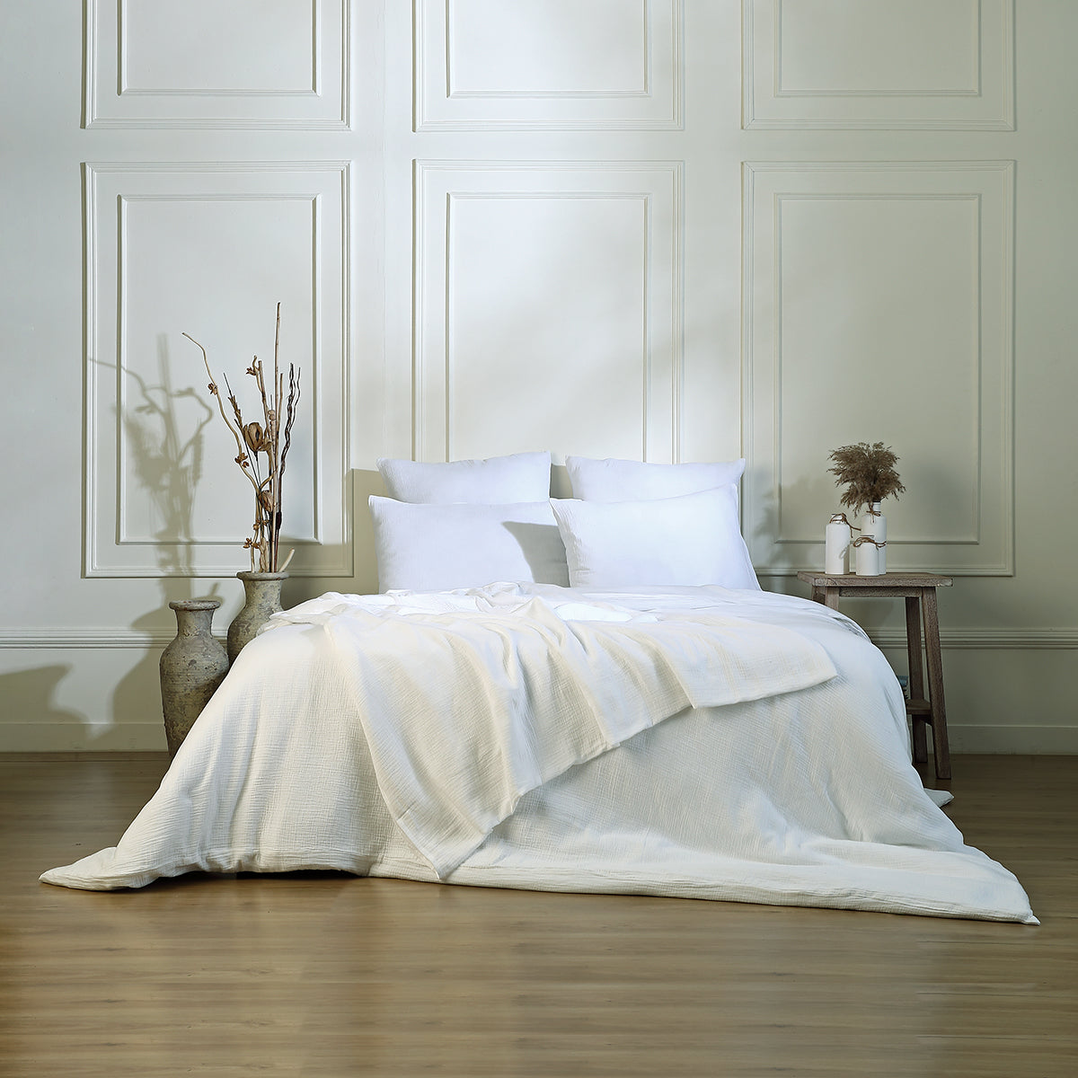 Parure de lit simple gaze de coton blanc CARLA