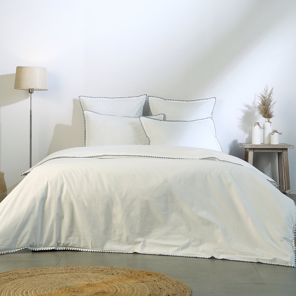 Housse de couette percale de coton blanc / denim ZOÉ