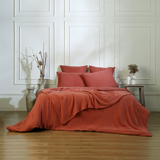Parure + taies 65x65 gaze de coton rouge toscane CARLA - febronie.com