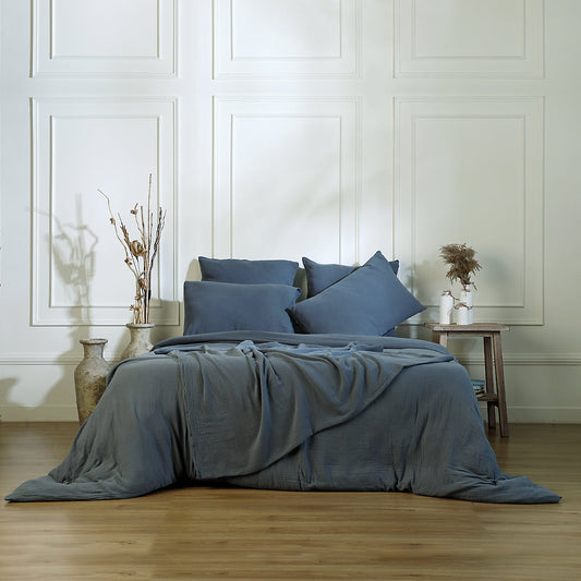 Parure + taies 65x65 gaze de coton bleu orage CARLA - febronie.com