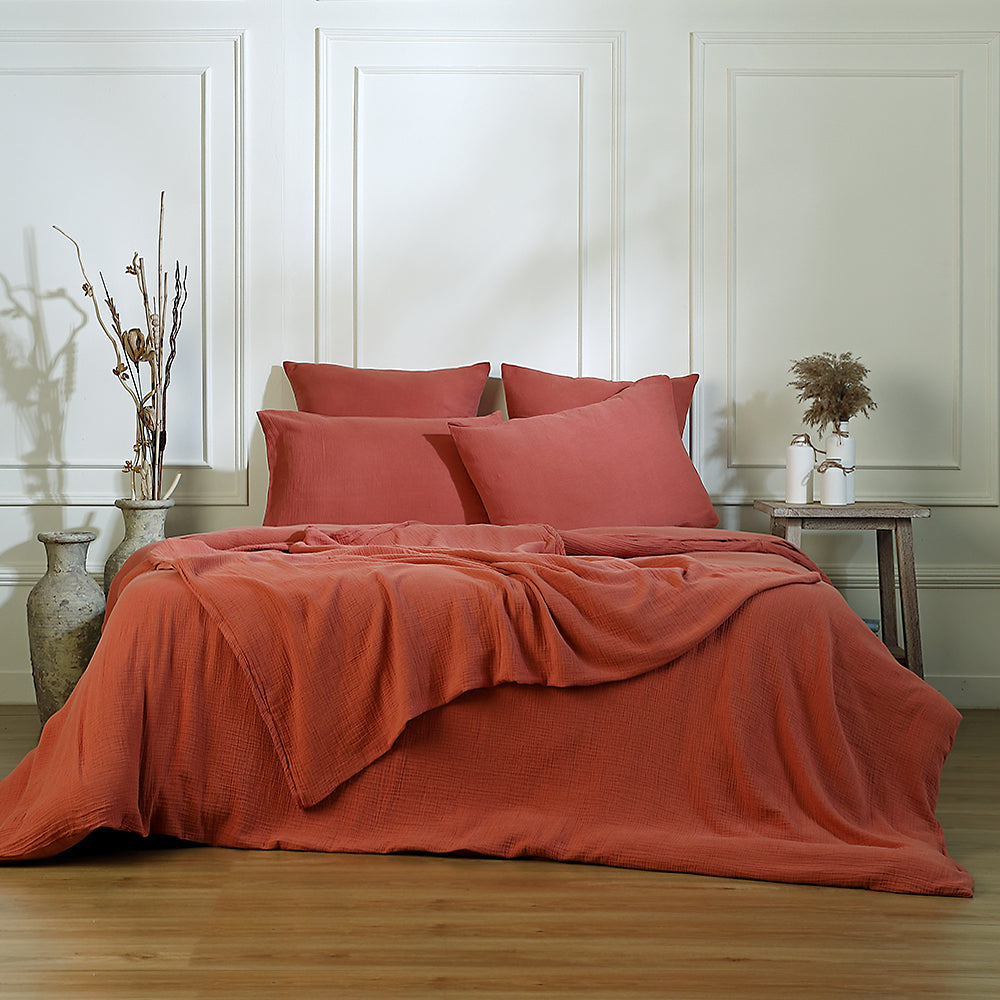 Parure + taies 65x65 gaze de coton rouge toscane CARLA
