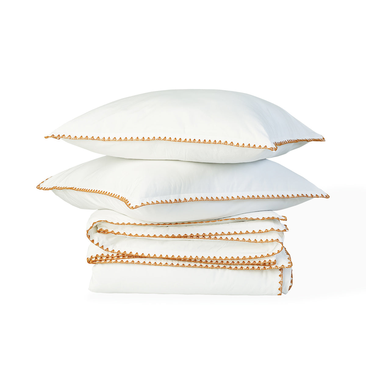 Parure + taies 65x65 percale de coton blanc / caramel ZOÉ