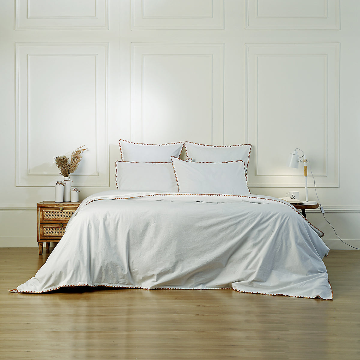 Parure + taies 65x65 percale de coton blanc / rouge ZOÉ