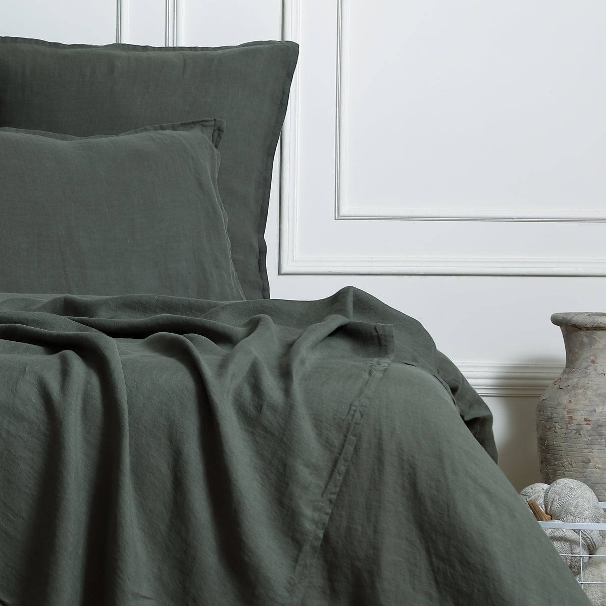 Housse de couette lin lavé vert kaki CAMILLE