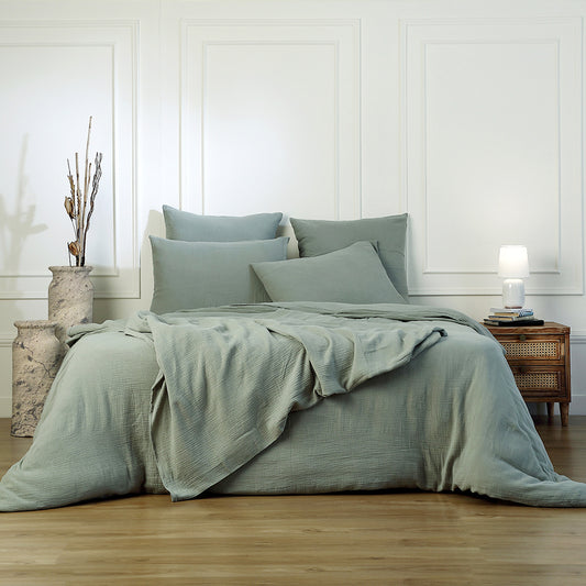 Parure + taies 50x70 gaze de coton céladon CARLA - febronie.com