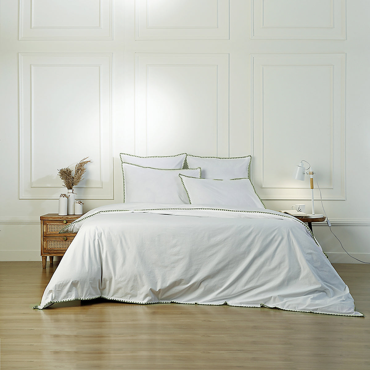 Parure + taies 65x65 percale blanc / céladon ZOÉ