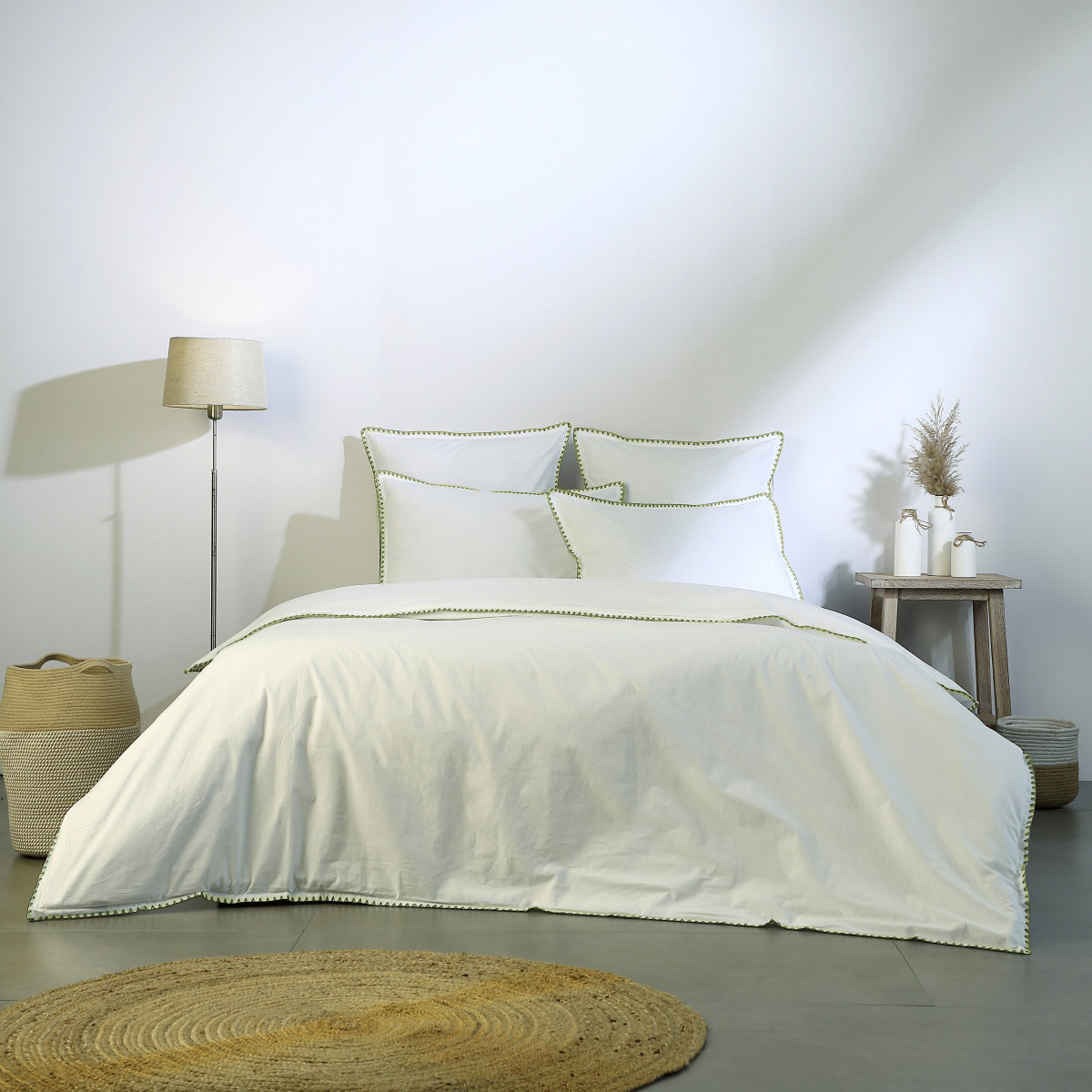 Parure + taies 65x65 percale blanc / céladon ZOÉ
