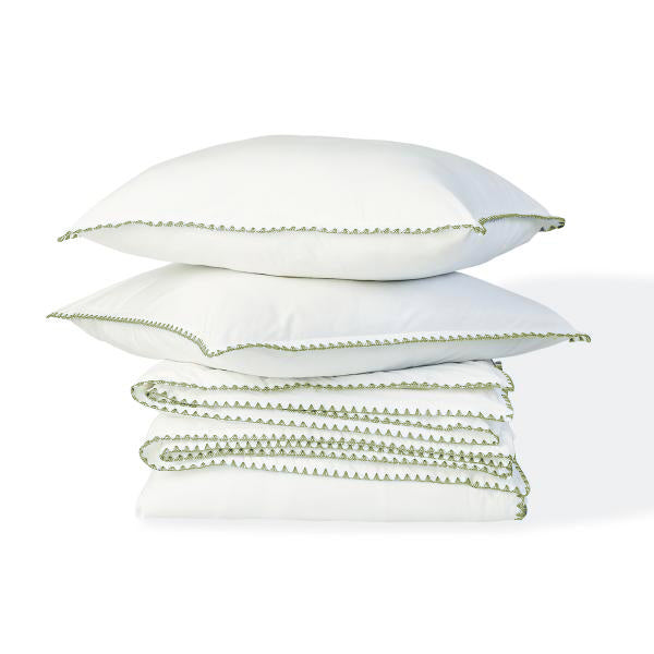Parure + taies 65x65 percale blanc / céladon ZOÉ
