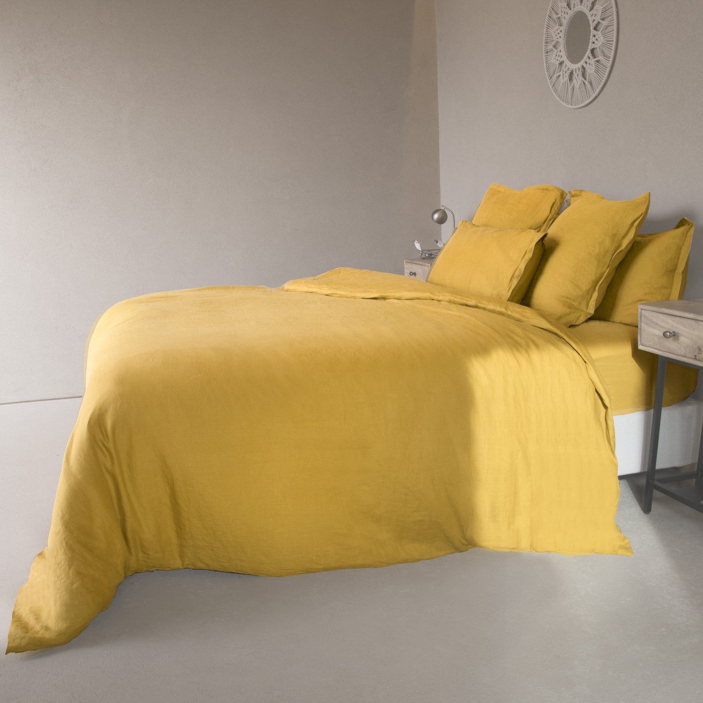 Completo + federe 65x65 lino lavato giallo senape HORTENSE