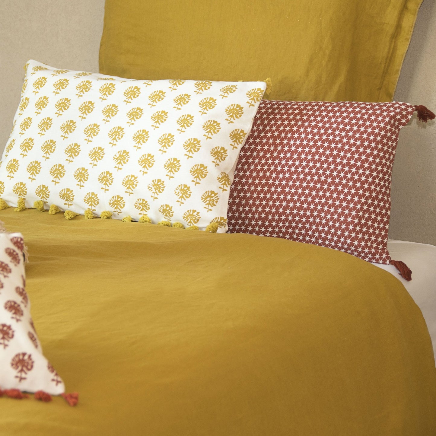 Completo + federe 65x65 lino lavato giallo senape HORTENSE