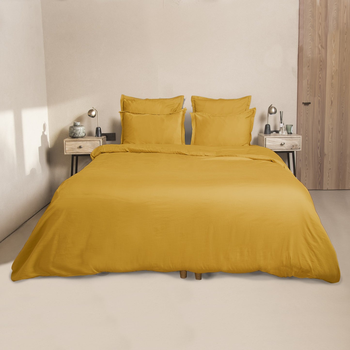 Parure + taies 65x65 satin de coton jaune moutarde JULIA - febronie.com