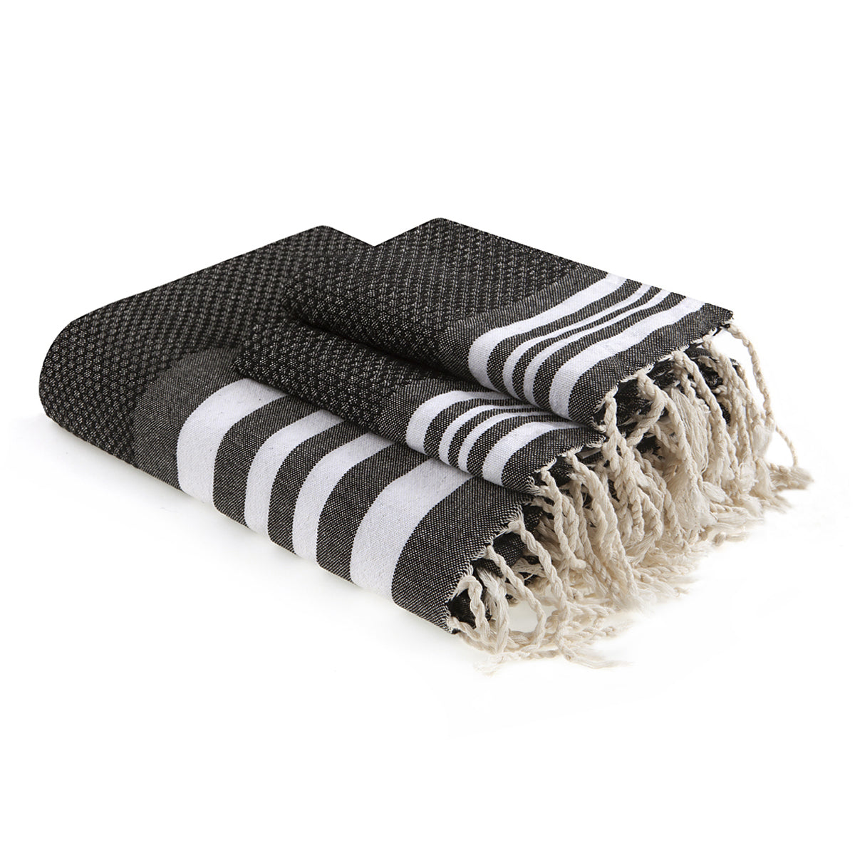 Foutas de bain coton (x3) HAMPTONS 100x200 + 40x60 (x2) noir / blanc