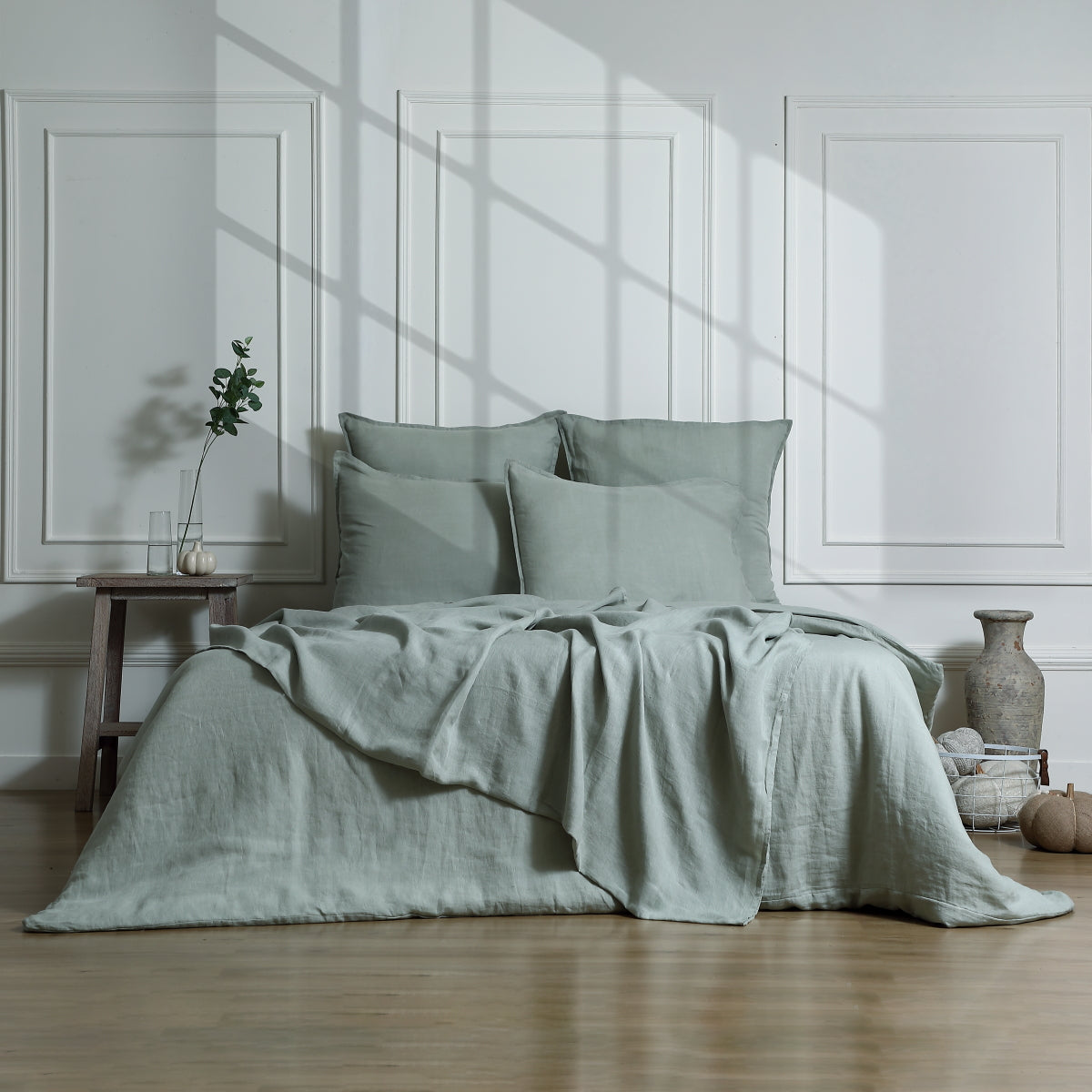 Parure + taies 50x70 lin lavé vert céladon CAMILLE