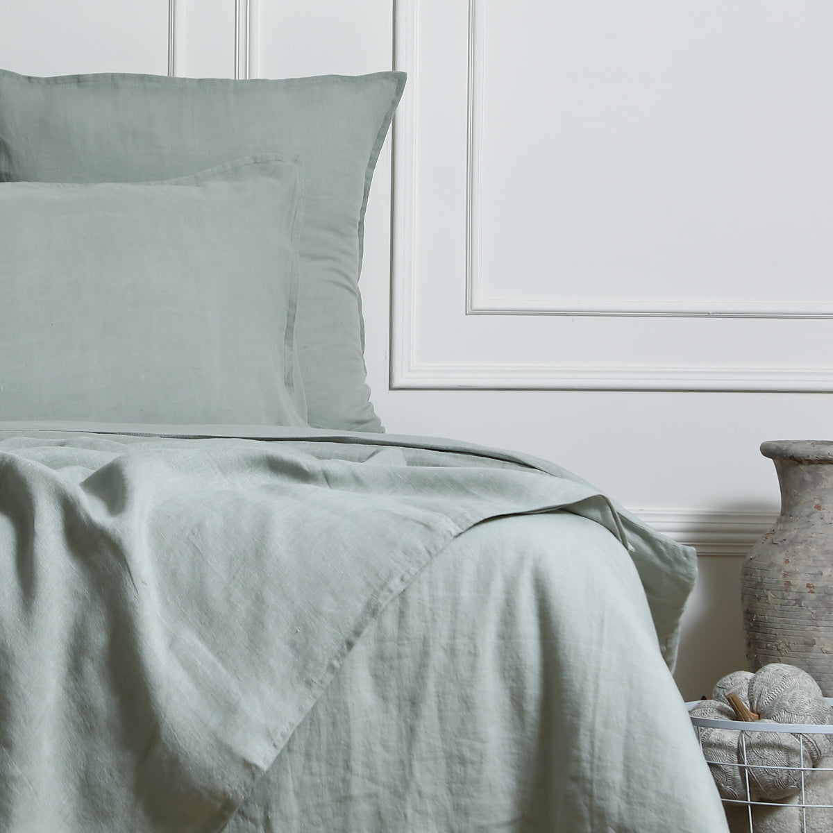 Parure + taies 50x70 lin lavé vert céladon CAMILLE