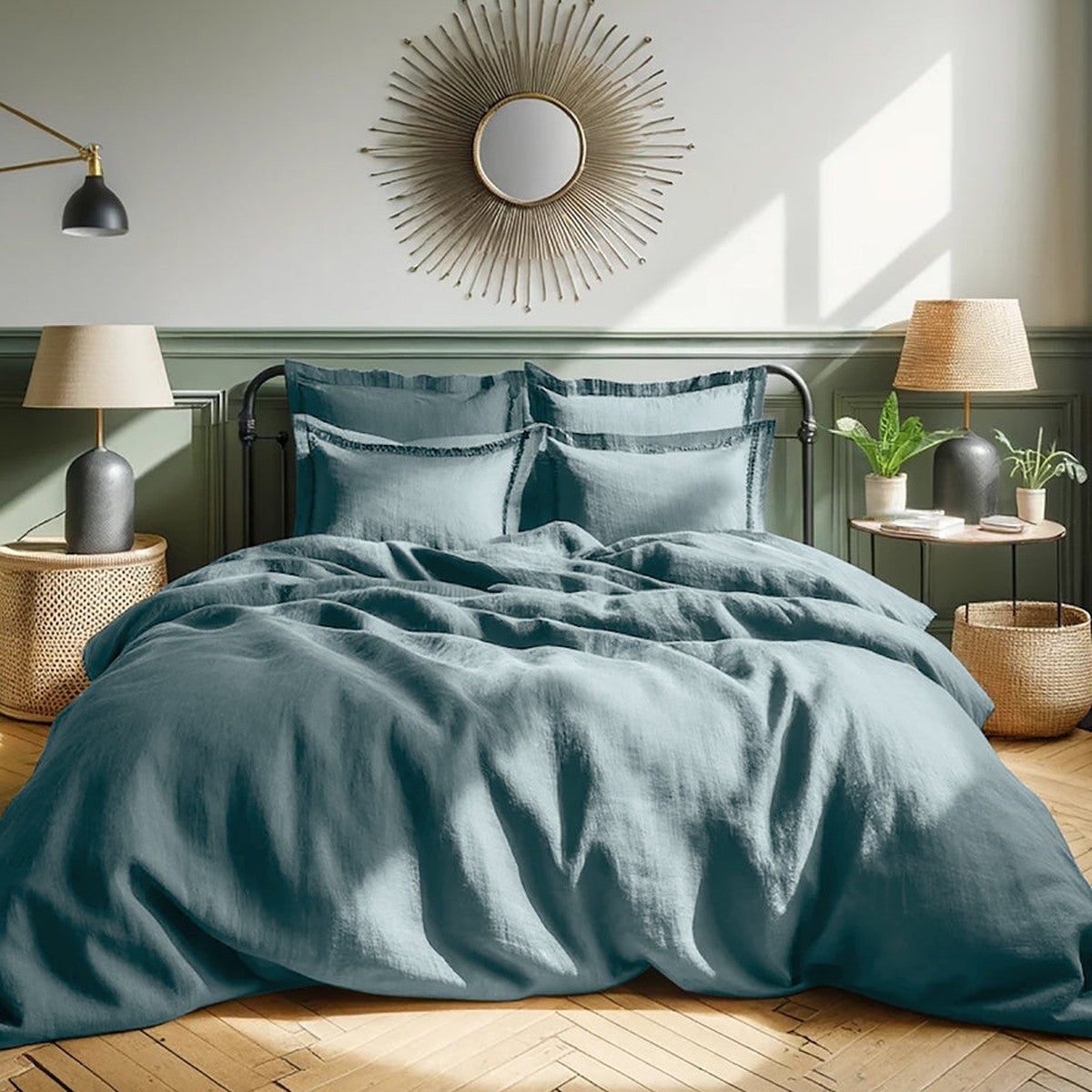 Housse de couette lin lavé bleu de Nîmes HORTENSE - febronie.com
