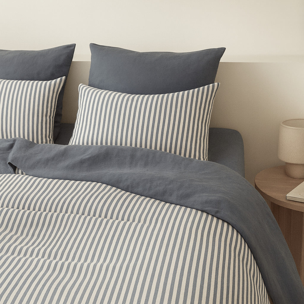 Parure + taies 65x65 coton lavé bleu orage LUNAR - 260x240+2(65x65) cm