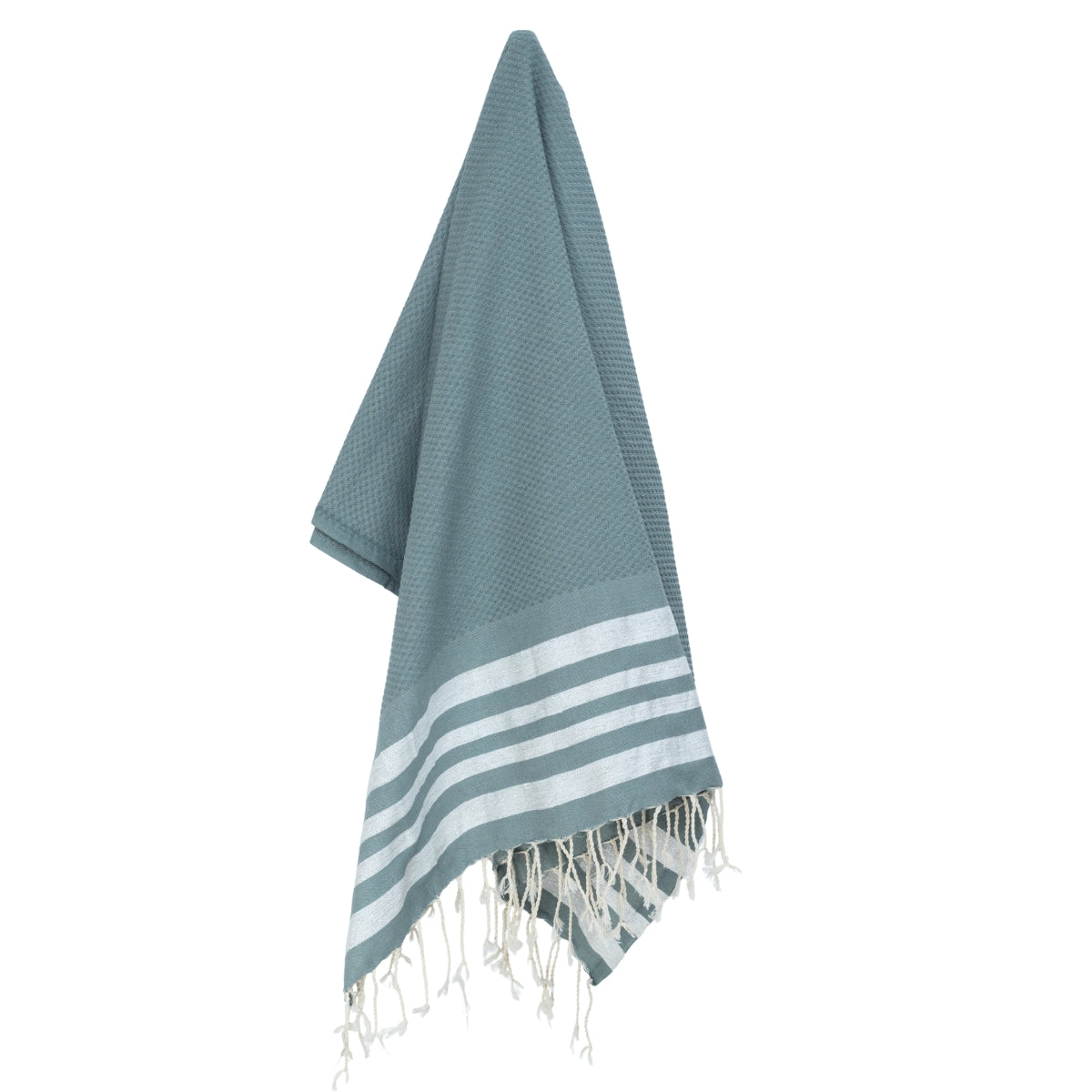 Fouta nid d'abeille coton 100x200 HAMPTONS vert sauge / argent