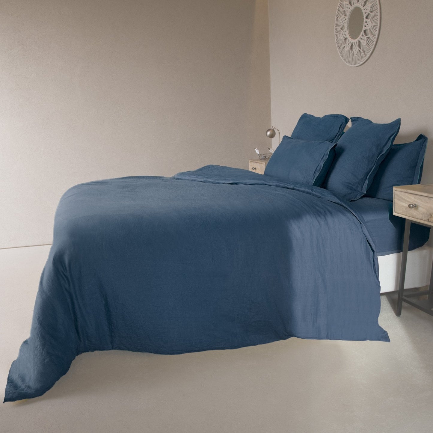 Parure + taies 65x65 lin lavé indigo HORTENSE