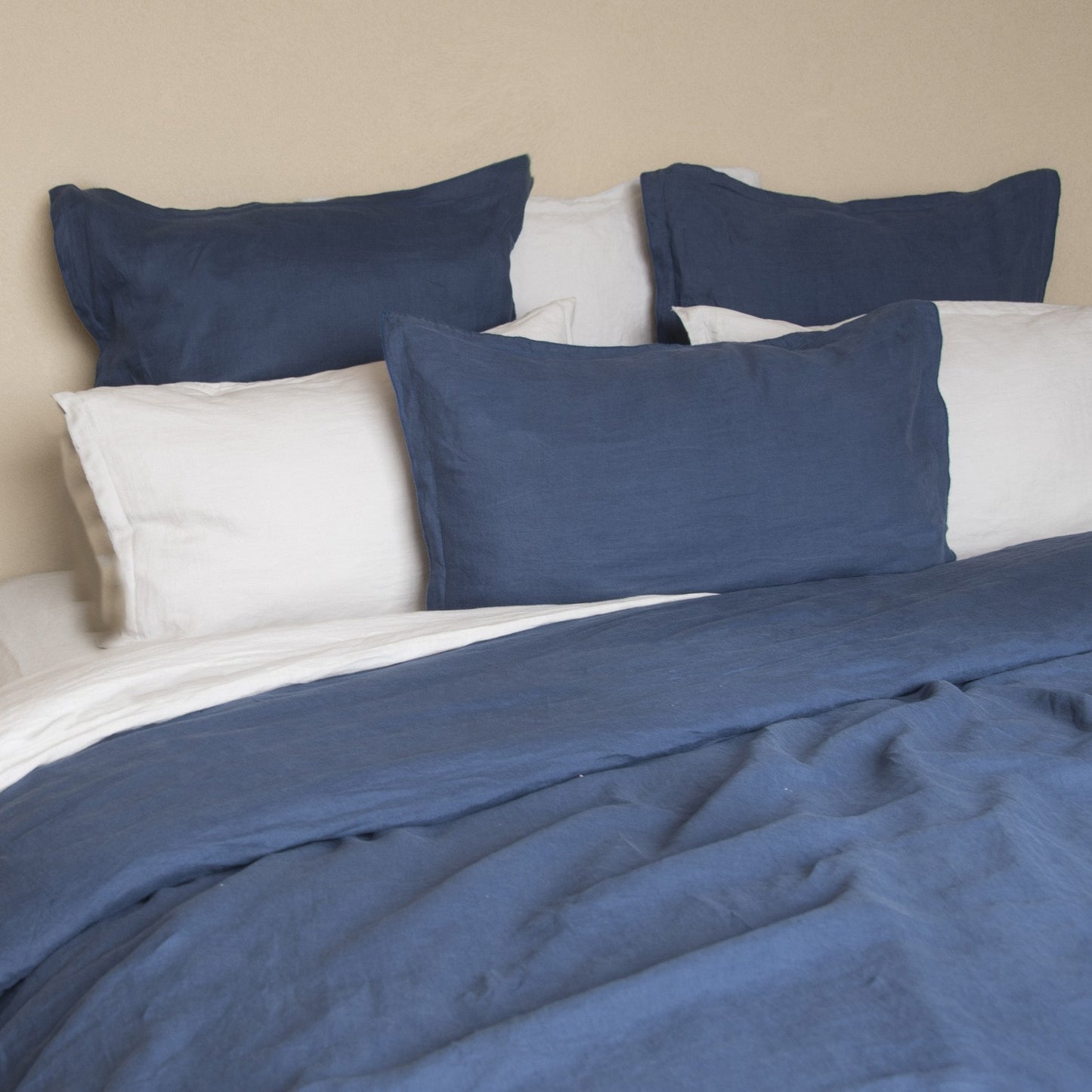 Parure + taies 65x65 lin lavé indigo HORTENSE