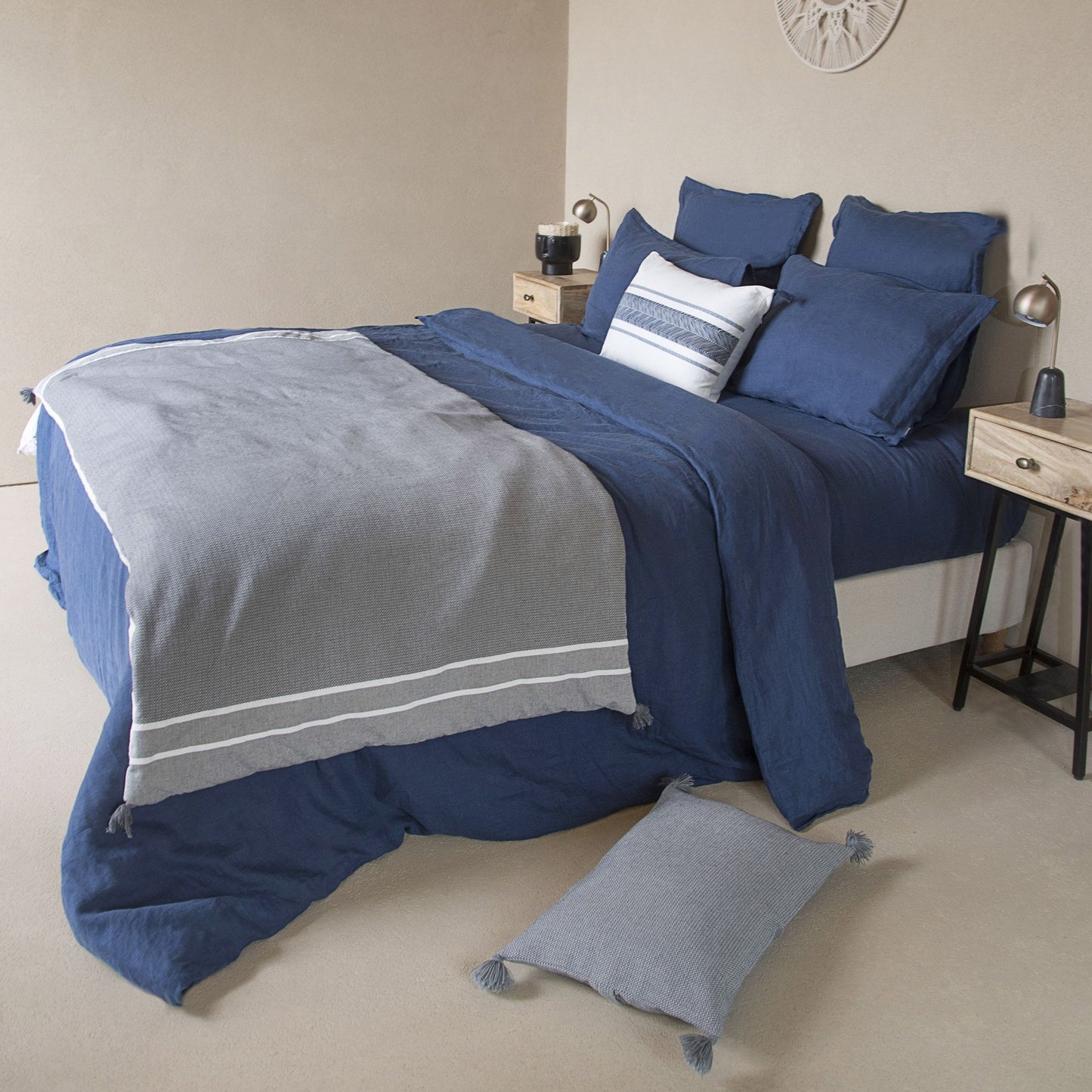 Parure + taies 65x65 lin lavé indigo HORTENSE
