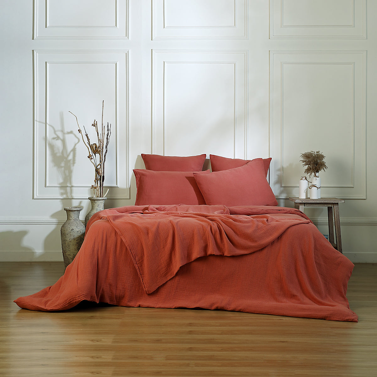Pillowcase (x2) in cotton gauze tuscan red CARLA