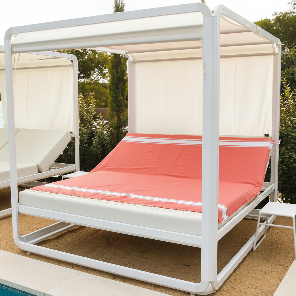 Fouta 200x200 cm FEBRONIE sur un lit de plage – grande fouta carrée confectionnée en Tunisie