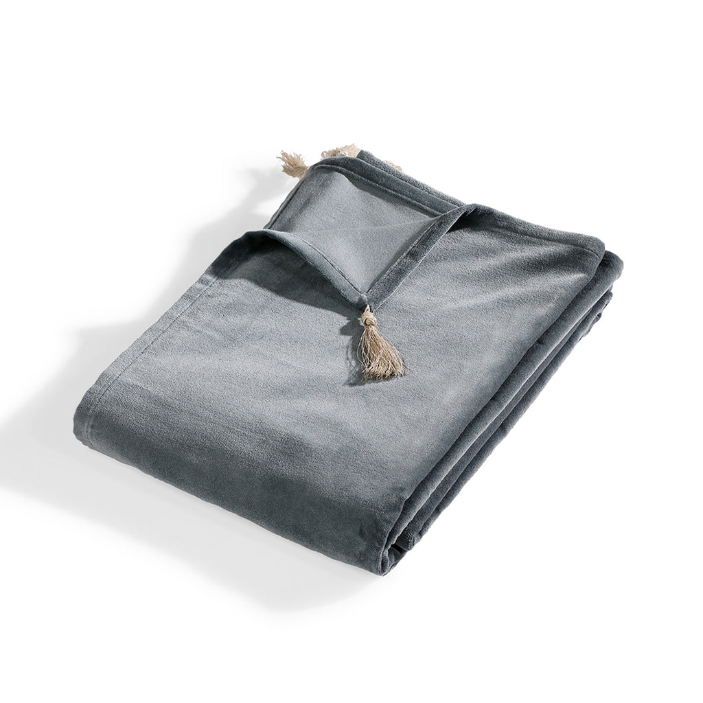 Chemin de lit velours de coton 90x200 DANUBE - bleu orage