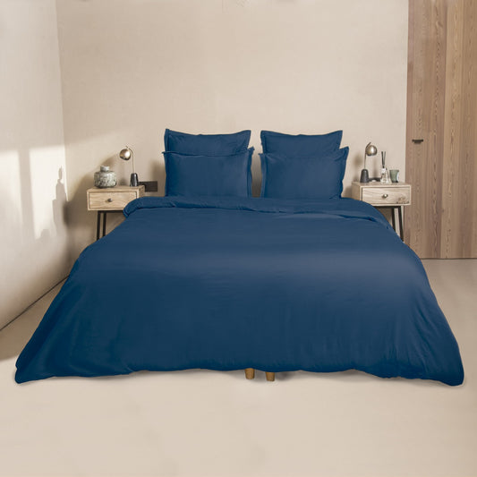 Parure + taies 50x70 satin de coton bleu indigo JULIA - febronie.com