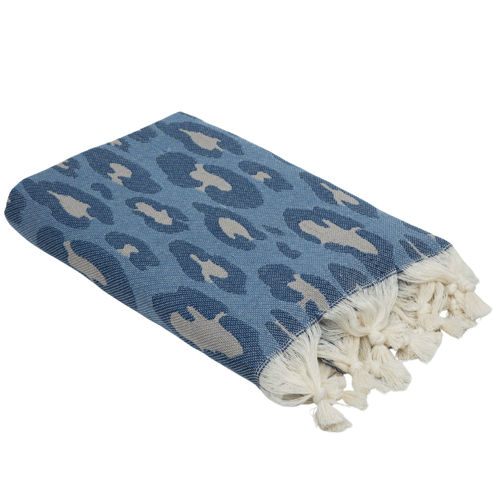 Fouta jacquard coton 100x200 LEOPARD - bleu