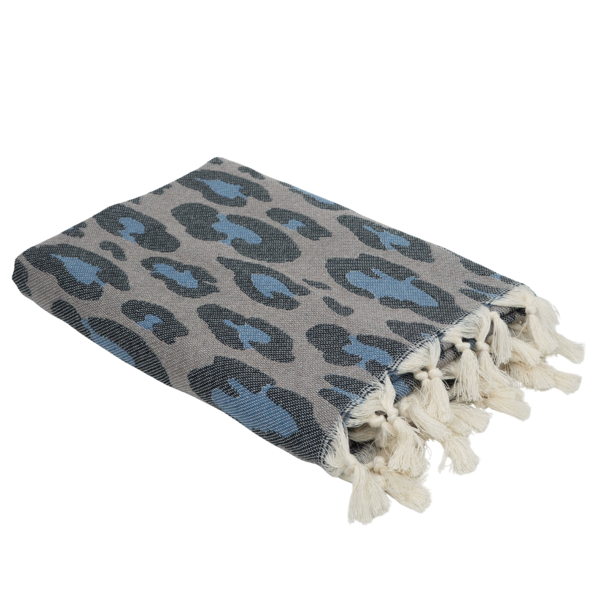 Fouta jacquard coton 100x200 LEOPARD - taupe / bleu