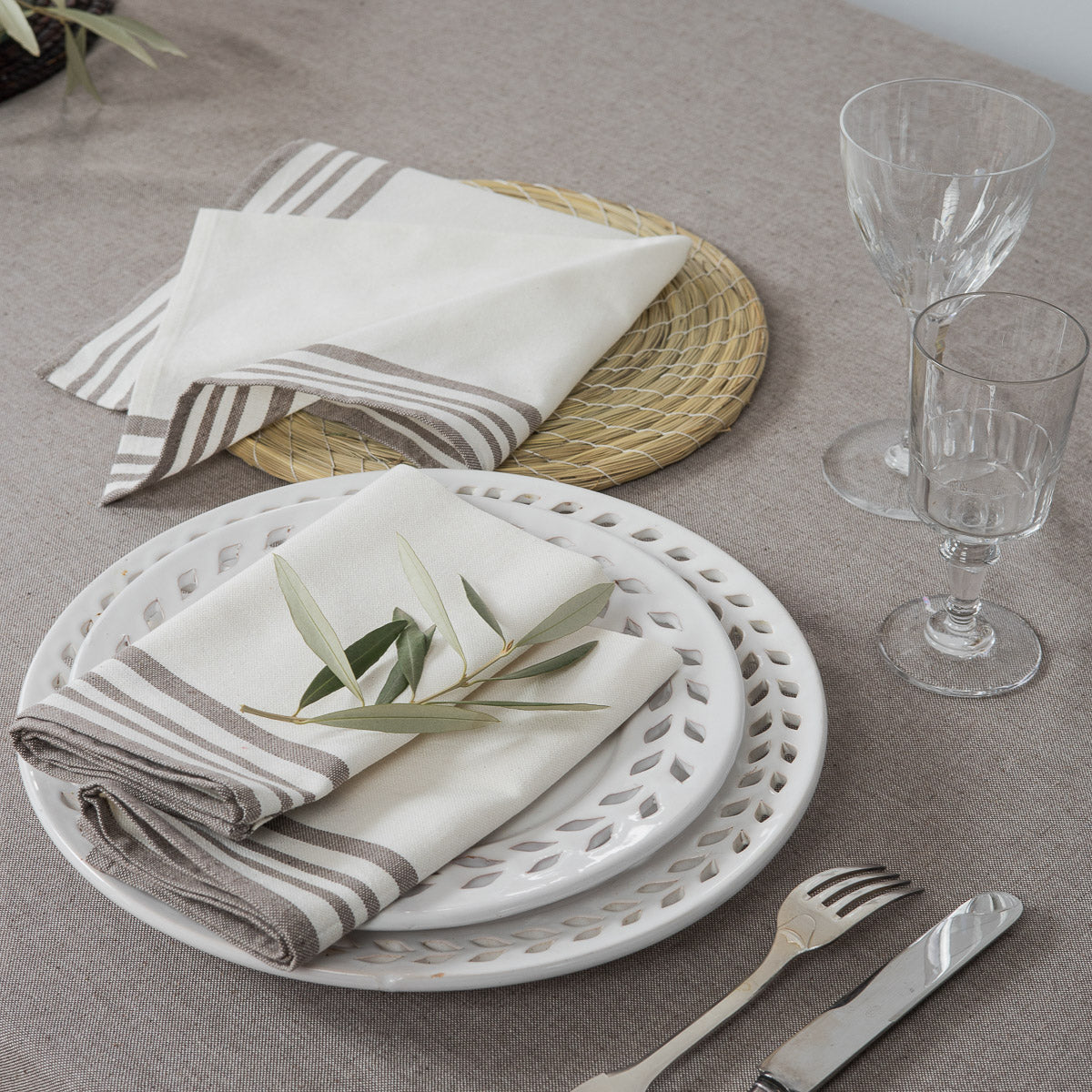 Serviette de table (x4) coton 45x45 MAHDIA - blanc / taupe
