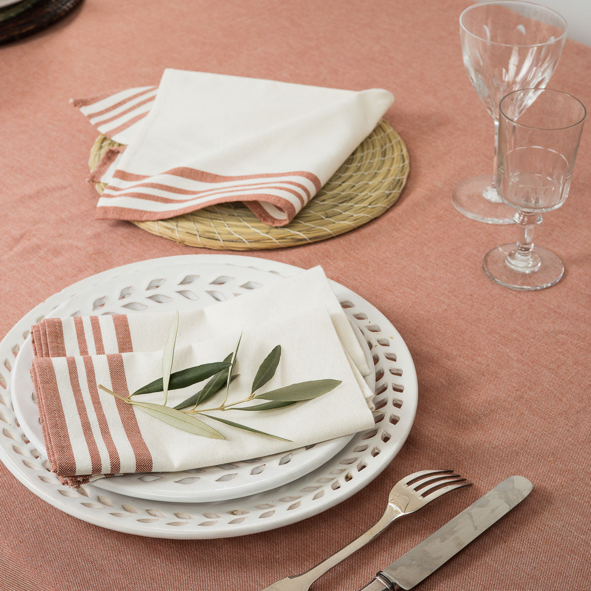 Serviette de table (x4) coton 45x45 MAHDIA - blanc / rouge tomette