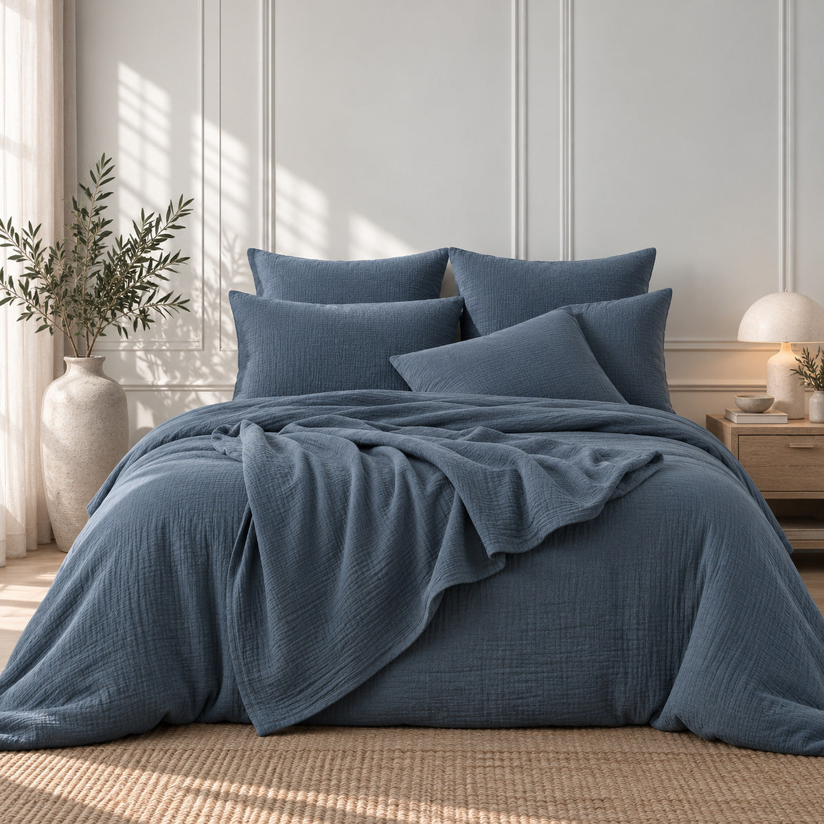 Taie d'oreiller (x2) gaze de coton bleu orage CARLA - 65x65