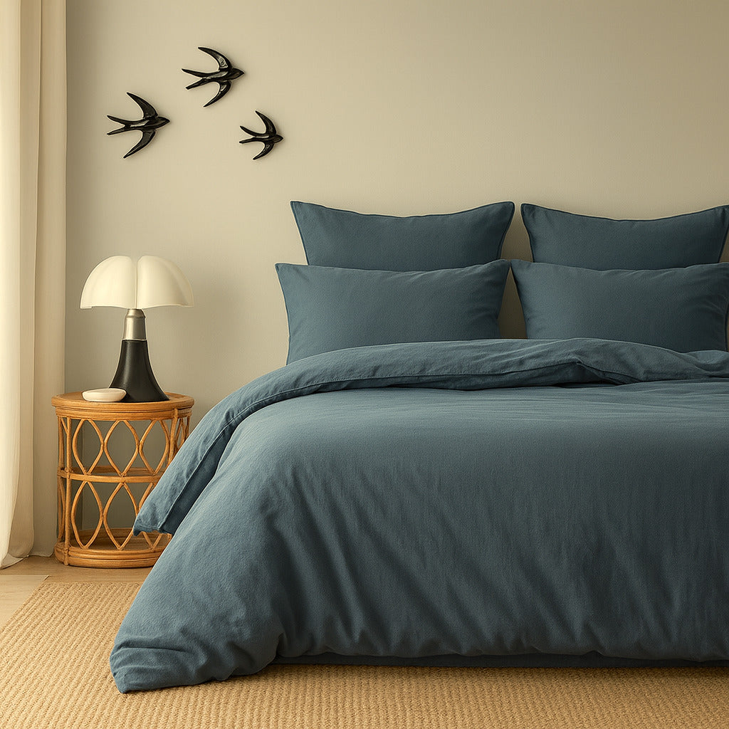 Drap housse coton lavé bleu orage LUNA    febronie.com