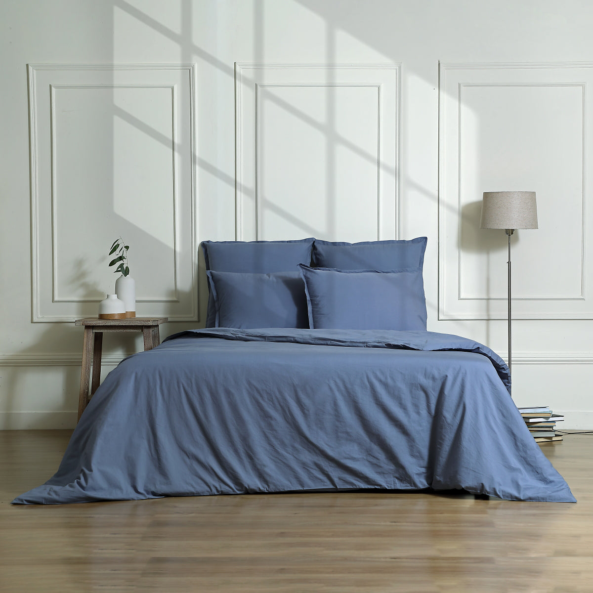 Drap housse percale de coton bleu denim NINA