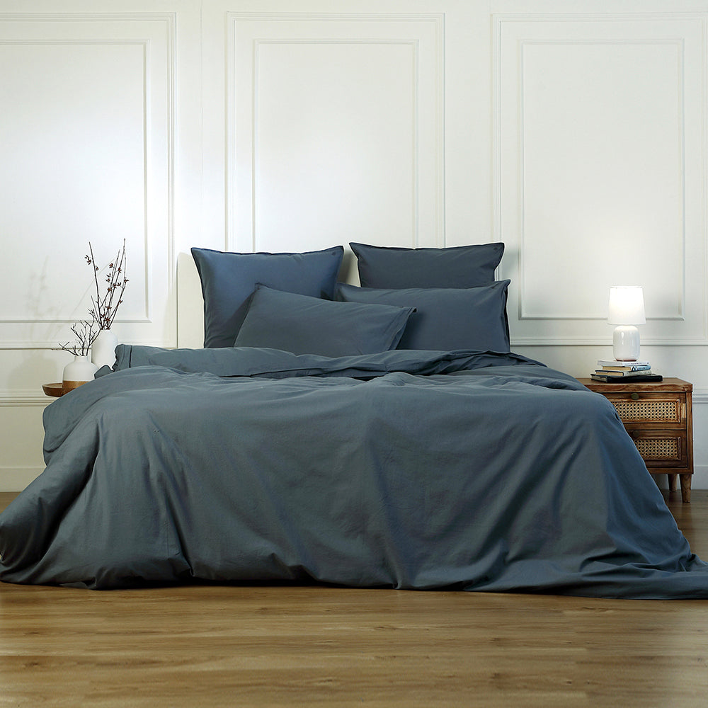 Drap housse coton lavé bleu orage LUNA