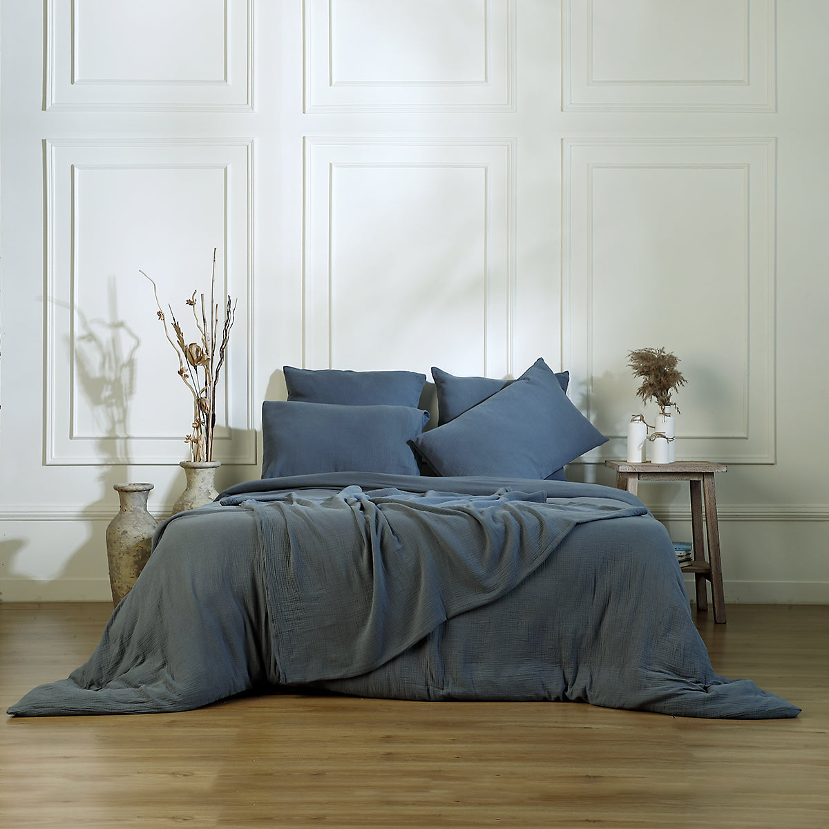 Parure de lit gaze de coton bleu orage CARLA