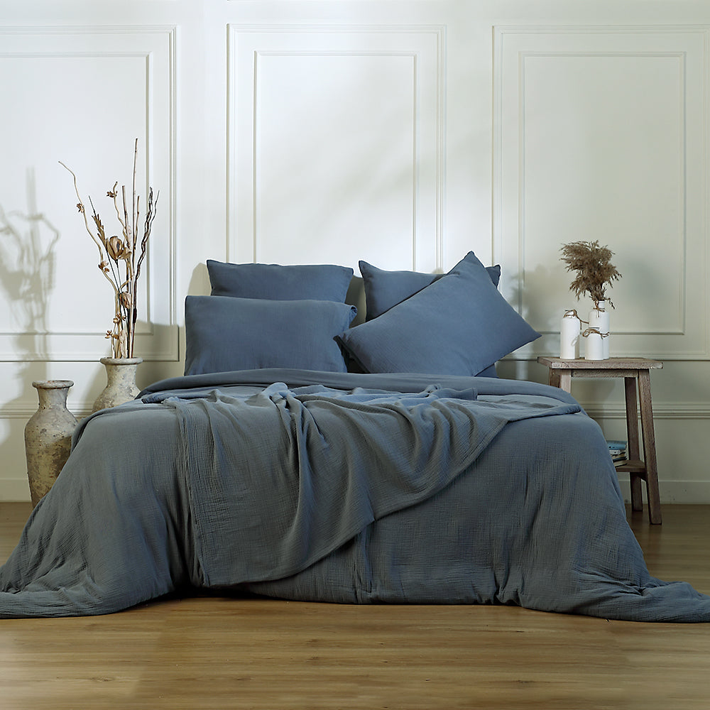 Parure de lit gaze de coton bleu orage CARLA