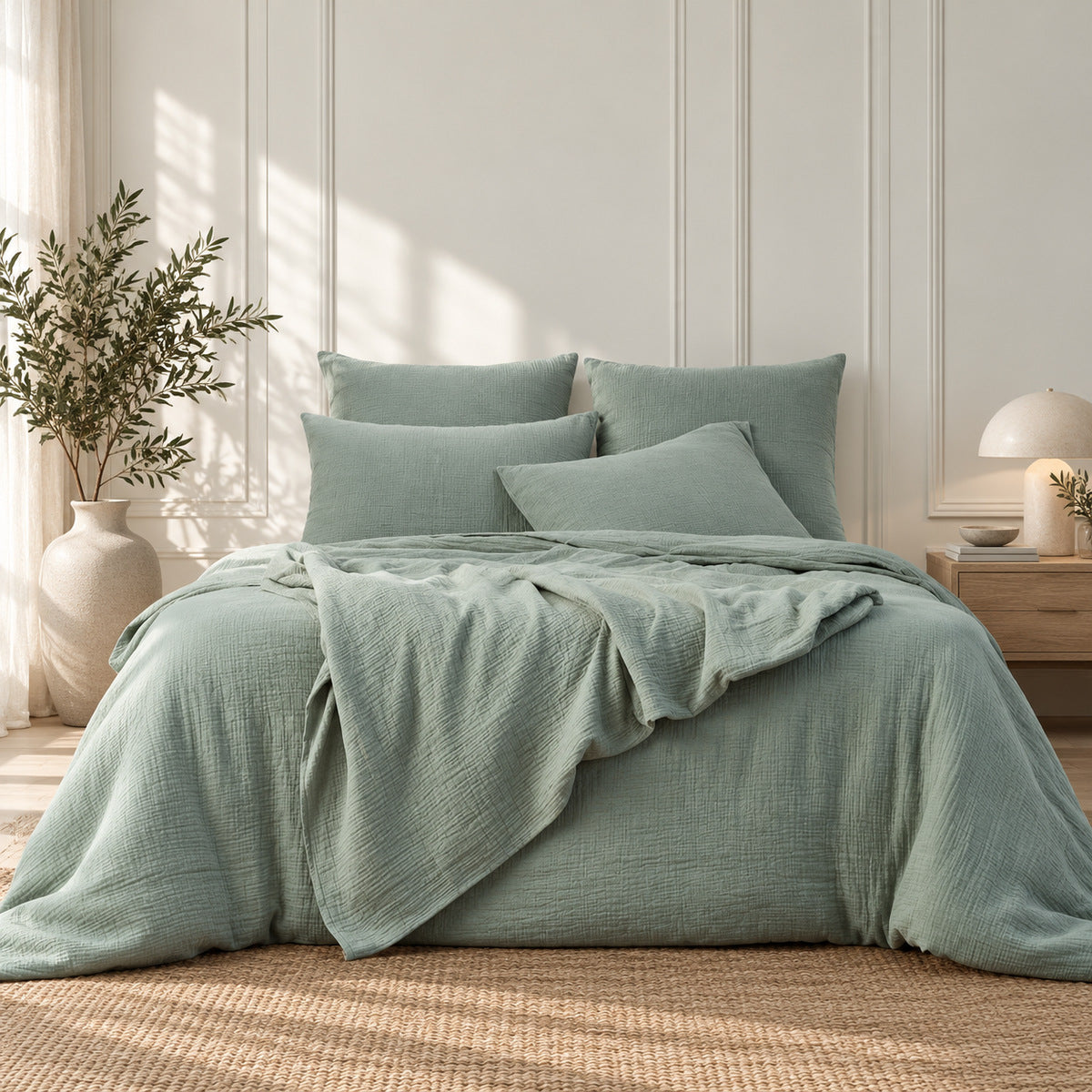 Parure + taies 65x65 gaze de coton céladon CARLA - 260x240+2(65x65)