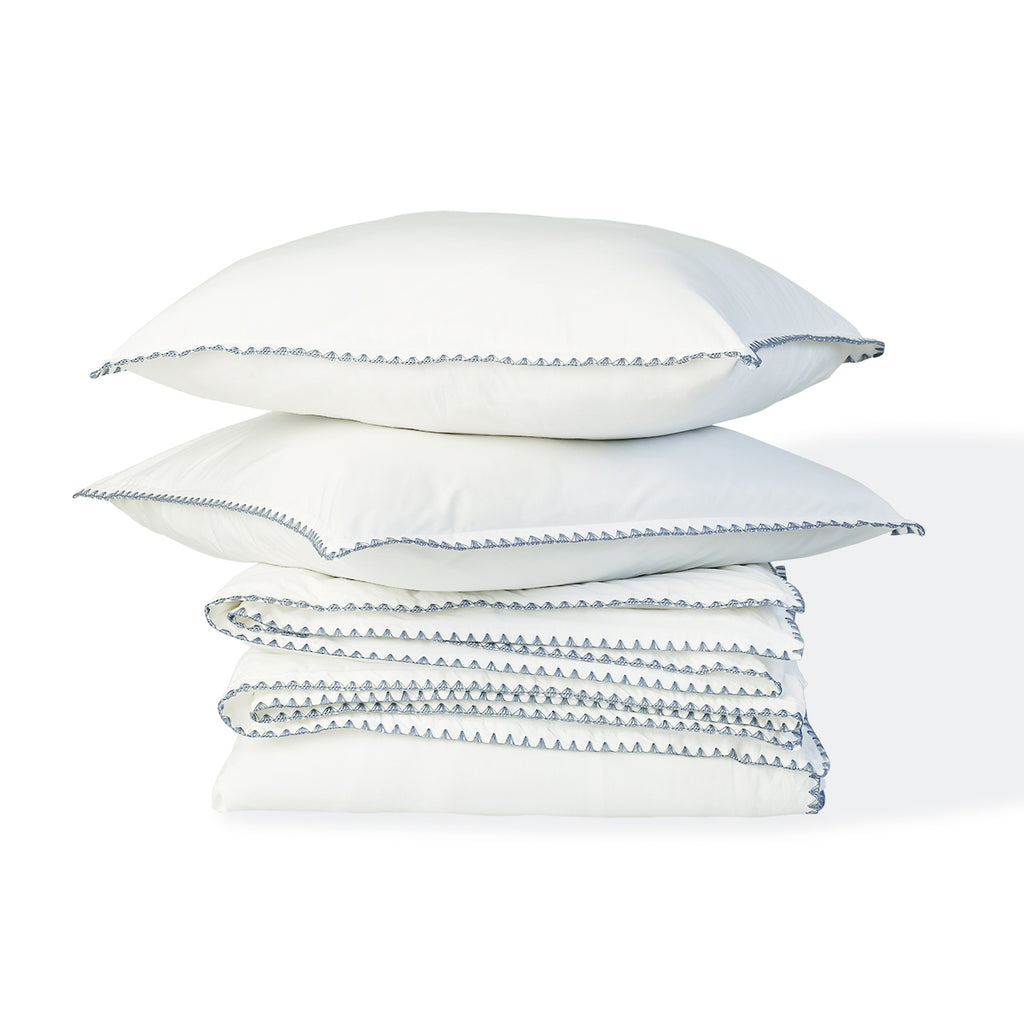 Parure + taies 65x65 percale de coton blanc / denim ZOÉ