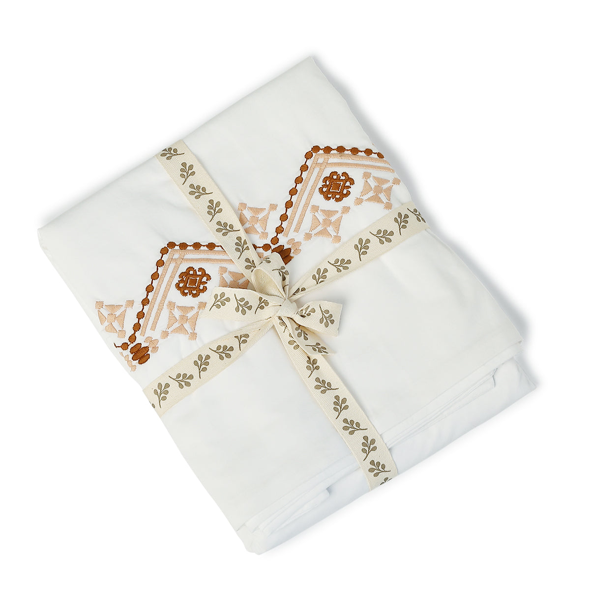 Parure de lit brodée percale de coton blanc broderie caramel NORA