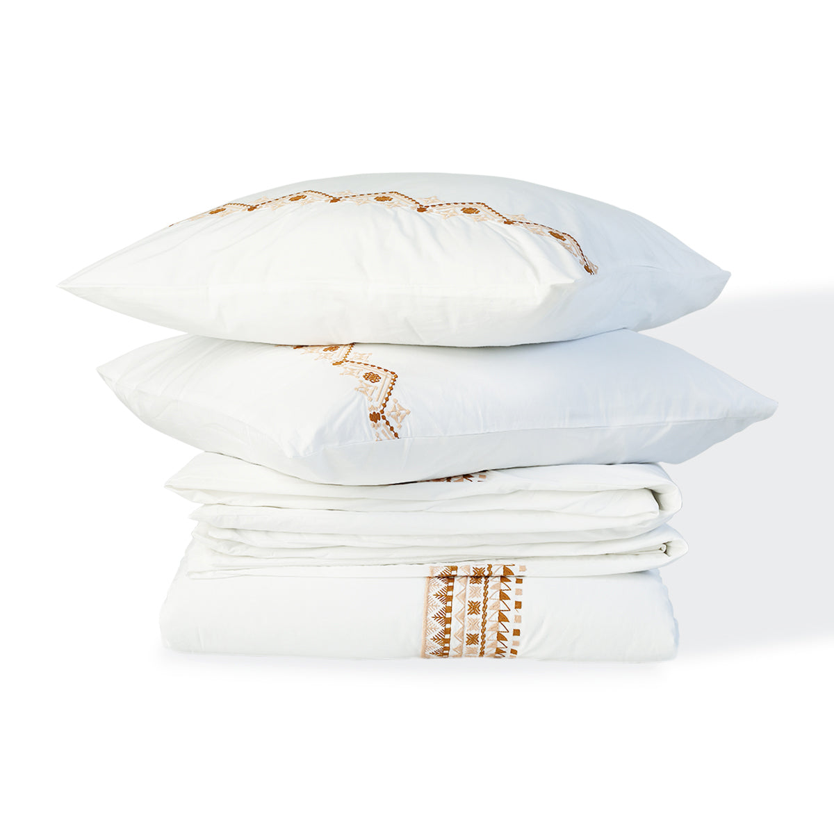 Parure de lit brodée percale de coton blanc broderie caramel NORA