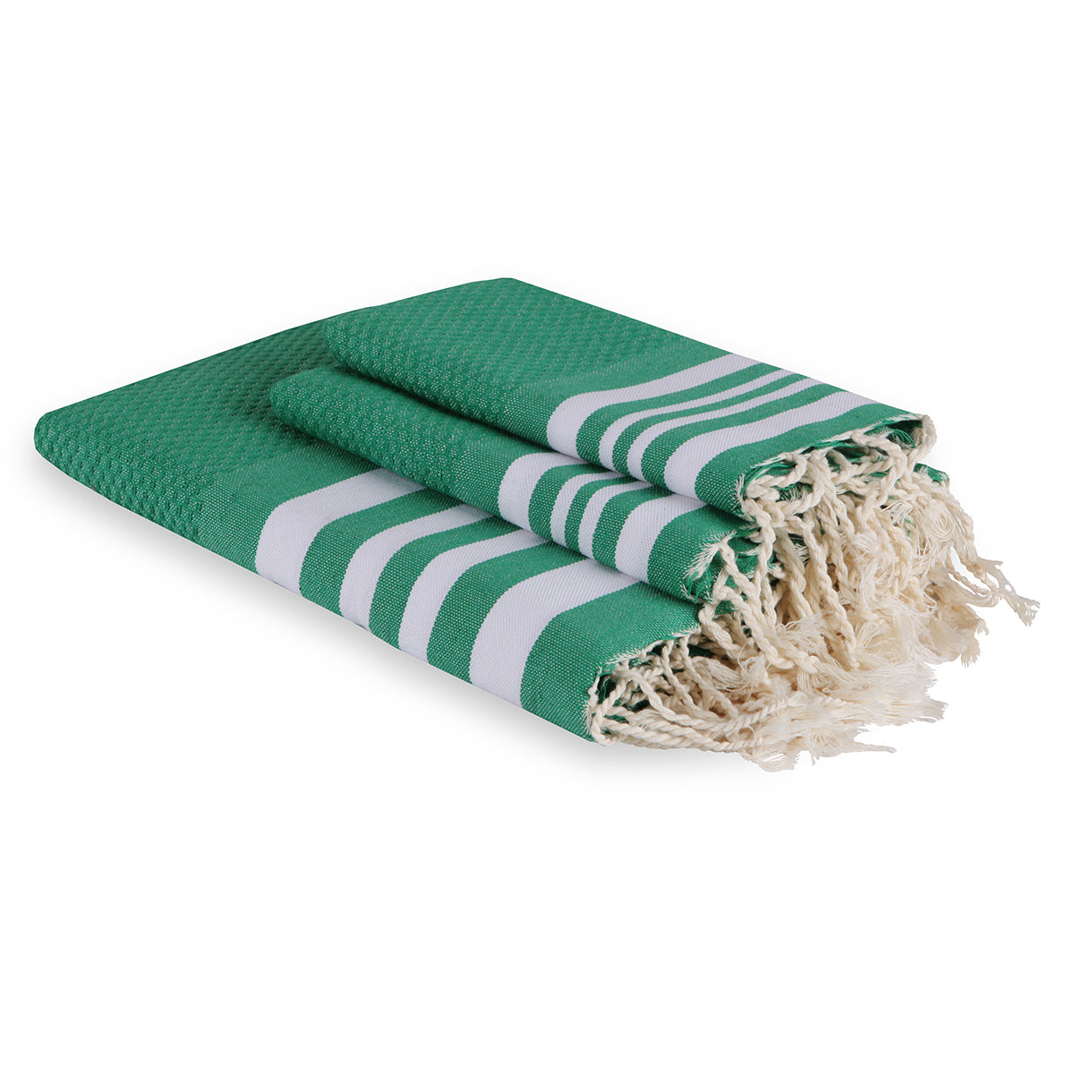 Foutas de bain (1+2) coton 100x200+2(40x60) HAMPTONS - blanc / vert sauge - febronie.com