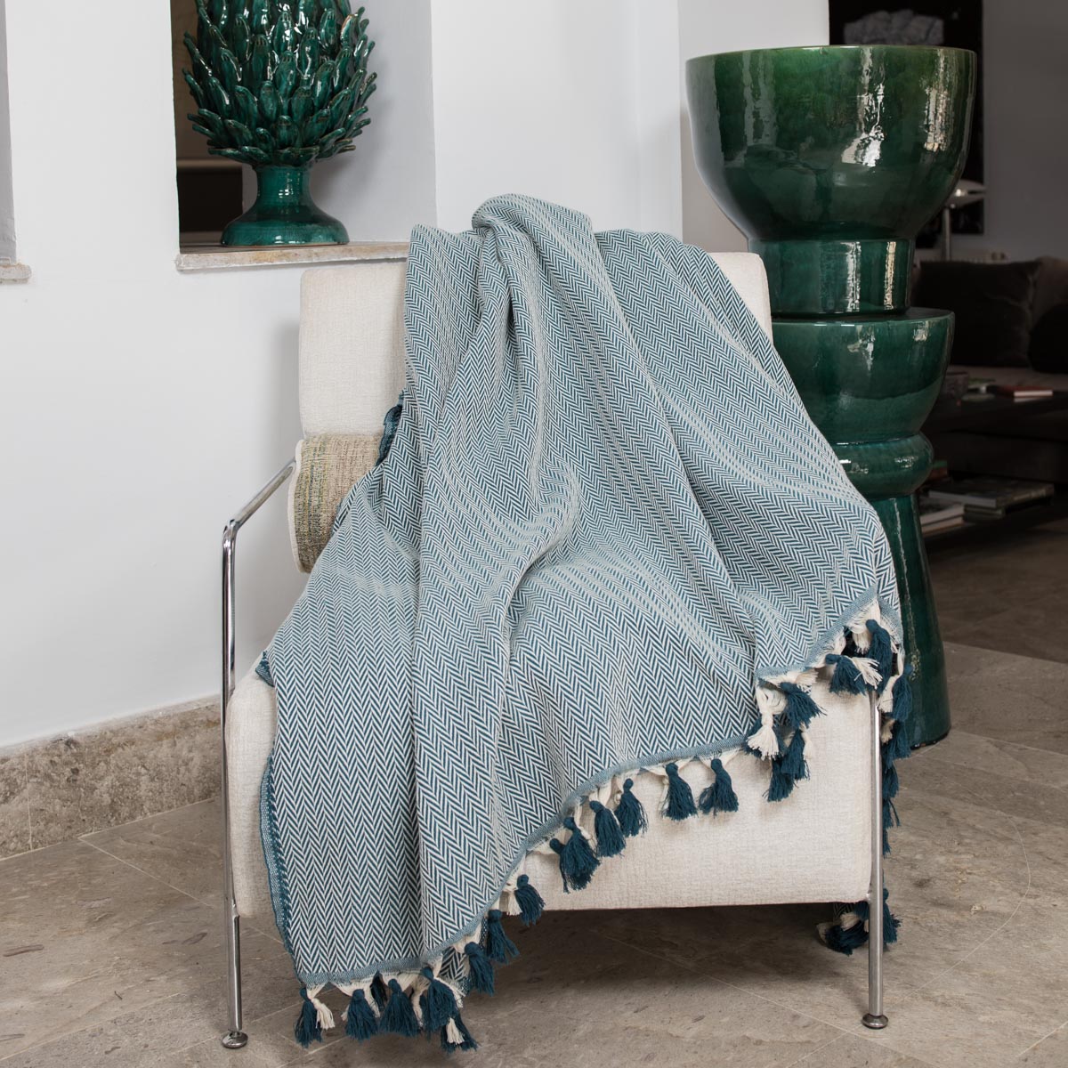 Plaid coton bleu pétrole MEGEVE 160x250