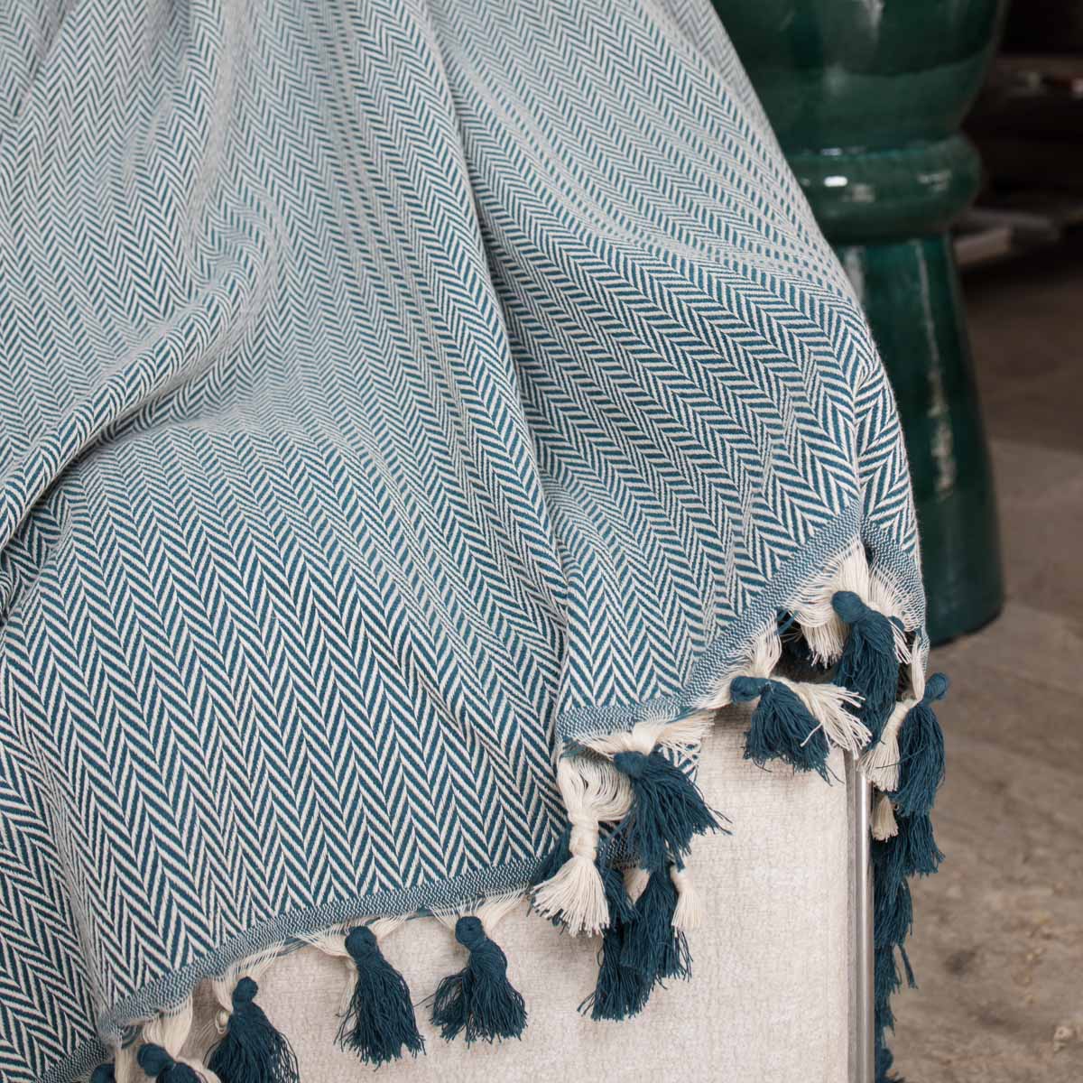 Plaid coton bleu pétrole MEGEVE 160x250