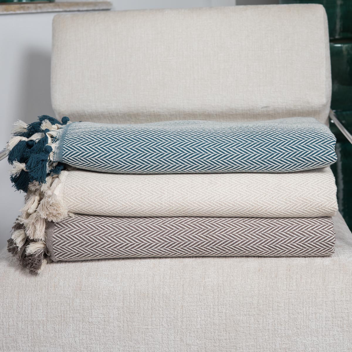 Plaid coton bleu pétrole MEGEVE 160x250