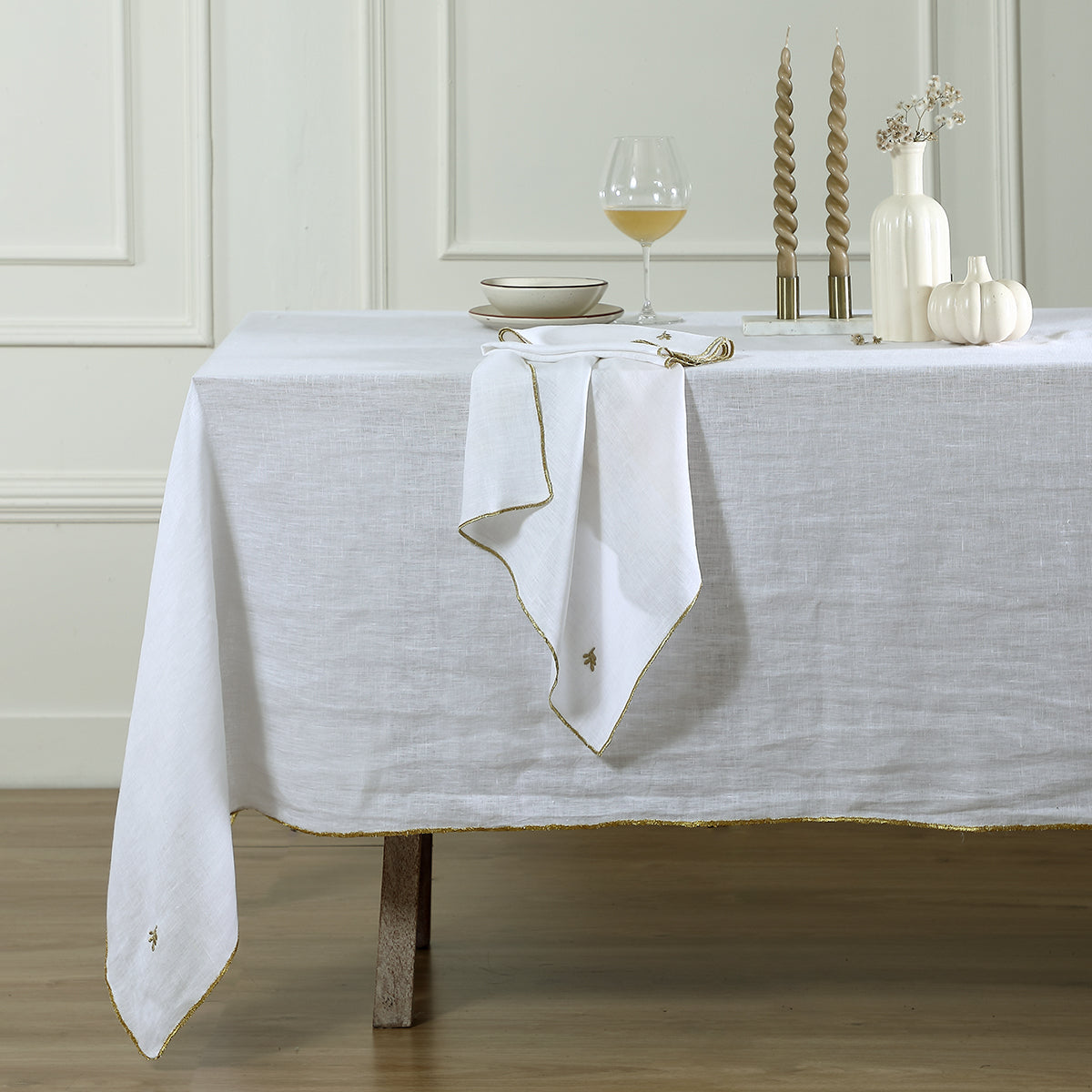 Nappe lin lavé 150x250 CAMILLE - blanc / or