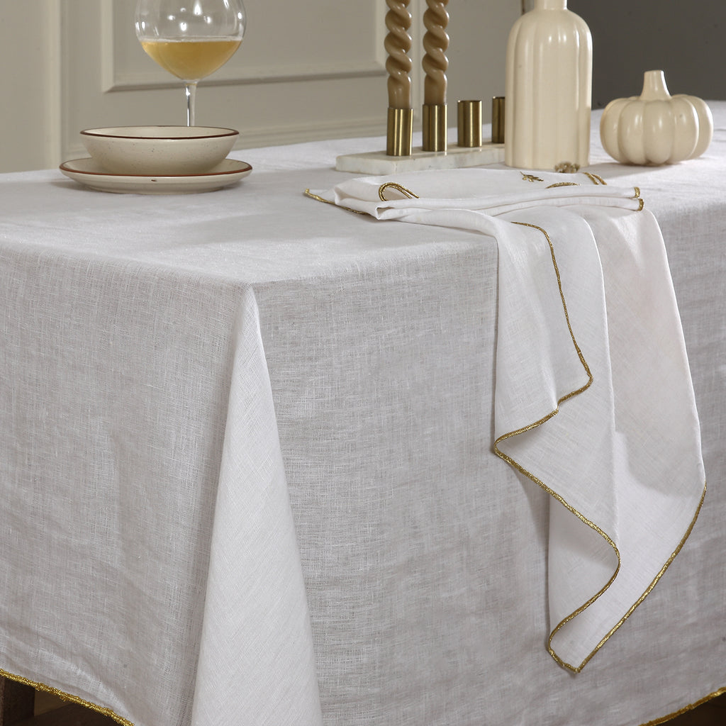 Nappe lin lavé 150x250 CAMILLE - blanc / or